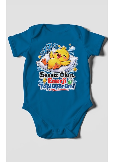 Morivokids Sessiz Olun, Enerji Topluyorum Kısa Kollu Bebek Body %100 Pamuk Koyu Mavi
