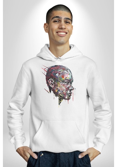 İnsan Kafası Sulu Boya Kadın Erkek Beyaz Kapüşonlu Sweatshirt Hoodie Beyaz