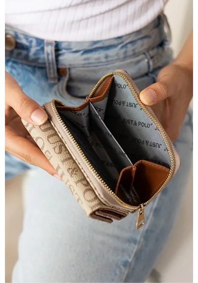 Just Polo Kadın Baskılı Fermuarlı Şık Cüzdan Shopper Kum - Taba