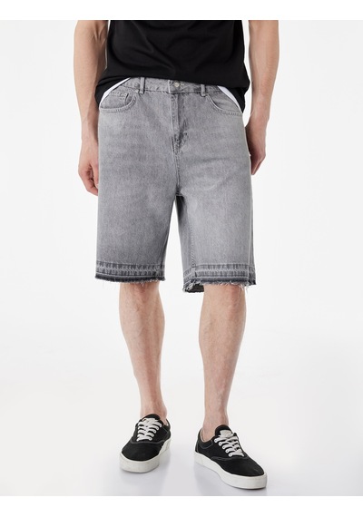 Koton Normal Bel Pamuklu Pis Paça Straight Fit Bermuda Jean Şort Gri 6sam40376nd