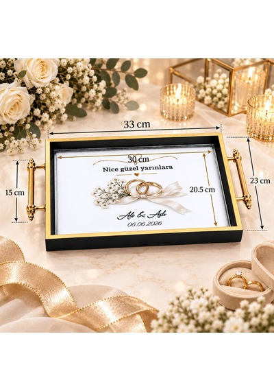 Bk Gift Kişiye Özel Siyah&gold Söz Nişan Tepsisi-3 - 39x23 Cm Çok Renkli