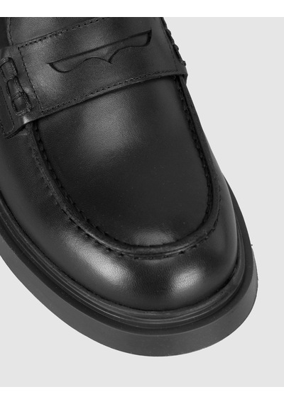 Siyah Hakiki Deri Kalın Taban Kadın Loafer Ayakkabı