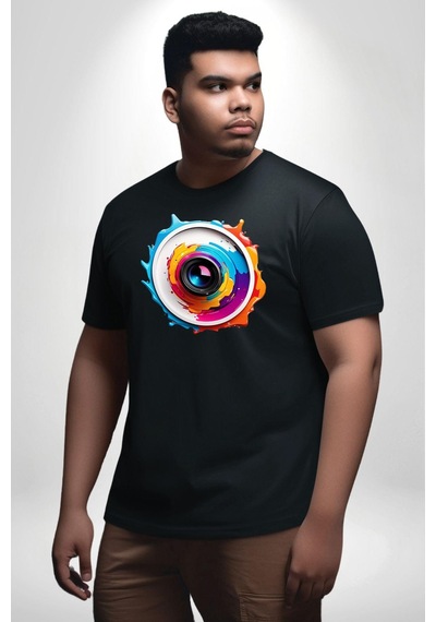 Angemiel Fotoğraf Makinesi Camera Lens Siyah Büyük Beden Erkek Kadın Unisex Basic Ön Baskılı Tişört Siyah
