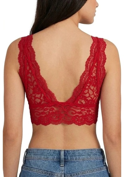 Valensdesign Dantel Bralet Crop Sütyen V Yaka Askılı Şık Esnek Rahat - Kırmızı