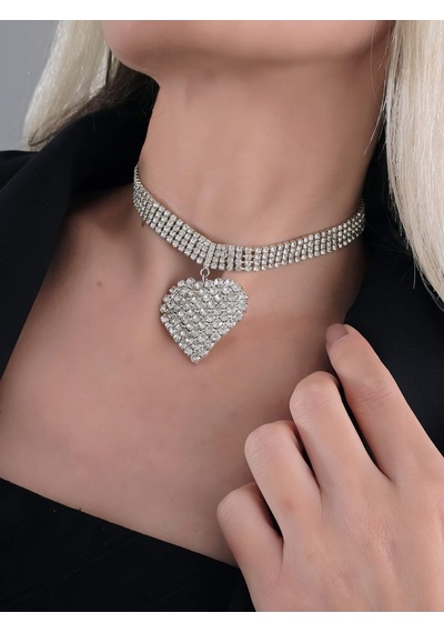 Sallantılı Kalp Model Rhinestone Choker Tasma Model Gümüş Renk Kolye Silver Çok Renkli