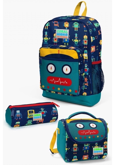 Coral High Kids Lacivert Çivit Robot Desenli 3 Lü Okul Çanta Seti - Erkek Çocuk