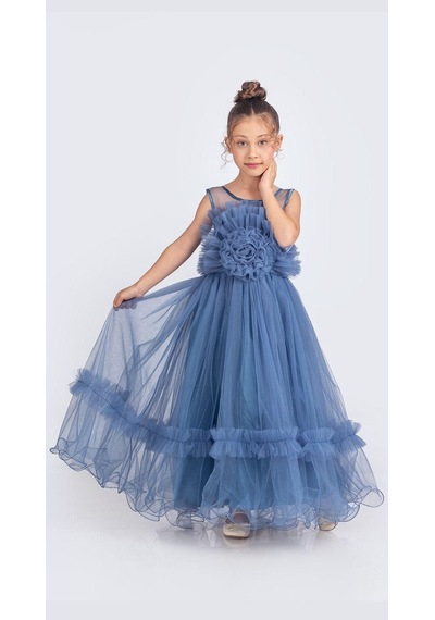 Mnk Baby & Kids Uzun Etekli , Askılı Kız Cocuk Gül Motif Abiye Elbise M00670 Koyu Mavi