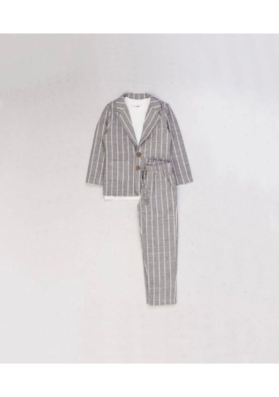 Mutlu Bebe Ceketli 3 Lü Erkek Çocuk Takım Elbise Keten Pamuklu Ceket Pantalon Tişört Gri