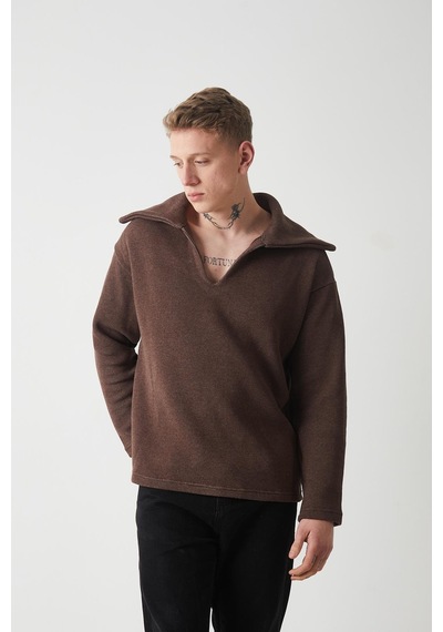 R-5850 Yaka Detaylı Örme Sweat Kahverengi