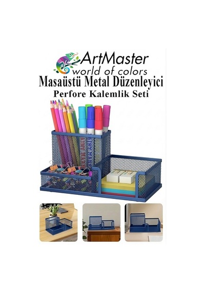 Lacivert Masaüstü Metal Kalemlik Seti 3 Lü Kombo 1 Paket Fileli Perfore Renkli Kalemlik Kağıtlık Küpnotluk Düzenleyici Lacivert