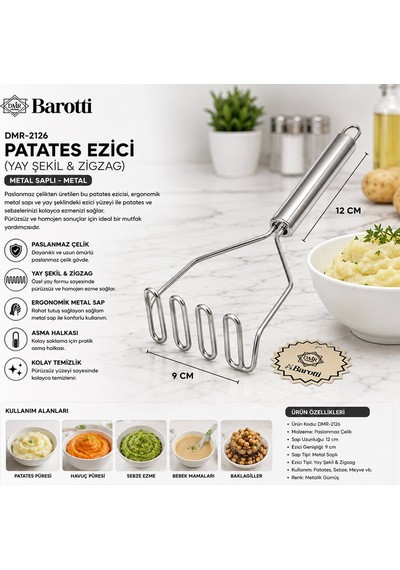 Baysa-660 Yay Şekil & Zigzag Metal Saplı Patates Ezici- 12'li Paket