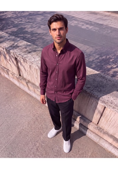 Butik İstanbul Erkek Standart Kesim Gabardin Kumaş Uzun Kollu Gömlek Bordo