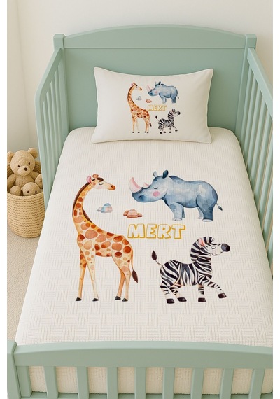 %100 Pamuk İsme Özel İsimli 100x150 Cm Pike Seti Zürafa Ve Zebra