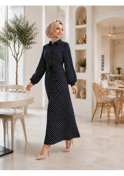 %100 Pamuklu-puantiye Desenli Mango Kumaş Kuşaklı Gömlek Elbise Yan Cepli 135 Cm Siyah