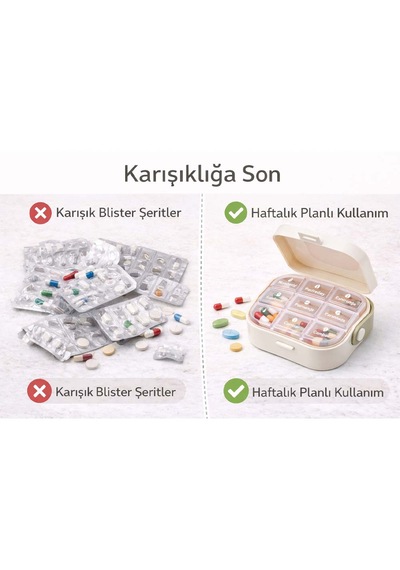 Taşıma Kulplu 7 Bölmeli İlaç Kutusu Çıkarılabilir Bölmeli Küçük Ebat 8,8cm X 8,8cm X 3,8cm 1 Adet