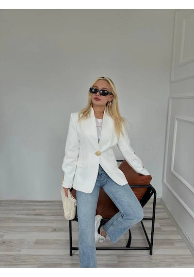 Kadın Gold Düğmeli Hakim Yaka Blazer Ceket Beyaz Beyaz