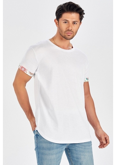 Peraluna Kol Ucu Desenli Uzun Beyaz Pamuklu Erkek T-Shirt-Beyaz
