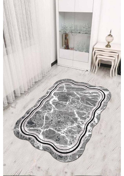 Gri Çerçeveli Kaymaz Tabanlı Lazer Kesim Halı Rv307n11