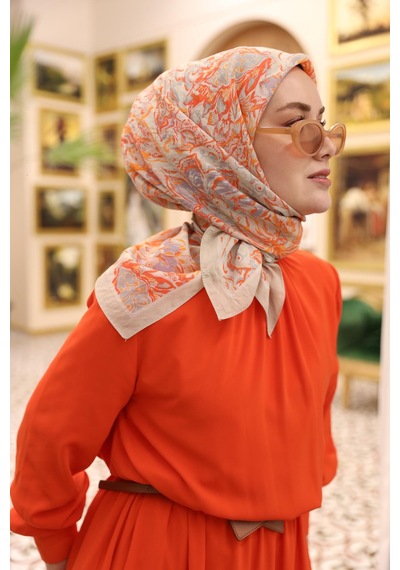 Silk Home Olinda İpek Eşarp 47002-35 Bej, Lila, Turuncu, Parlak Turuncu, Pudra