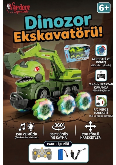 Vardem Oyuncak Uzaktan Kumandalı Işıklı Müzikli Şarjlı 360 Derece Dönen Dinozor İş Makineleri Yeşil Ekskavatör