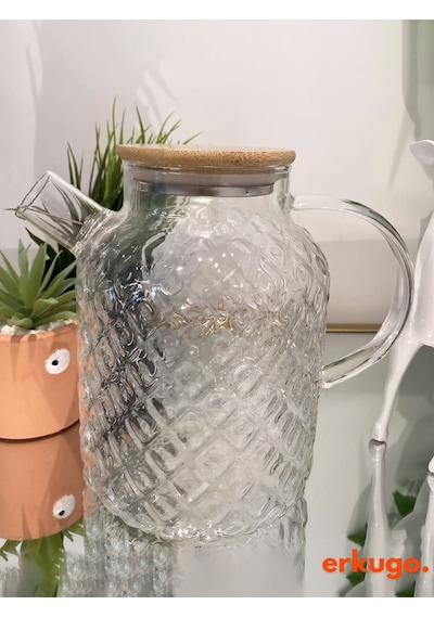 Vakumlu Bambu Kapaklı Isıya Dayanıklı Borosilikat Cam Demlik, Süzgeçli Demlik 1800 Ml Pineapplejug Şeffaf