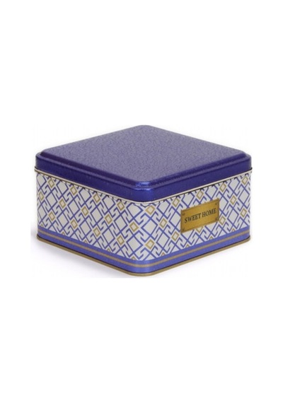 Evle Swt Home Desenli Kare Metal Saklama Kabı Beyaz - Mavi 1.9 L 15.8 x 15.8 x 8 CM Beyaz - Mavi