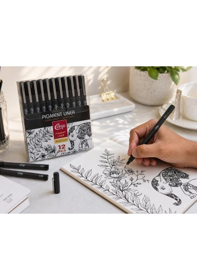 12'li Pigment Liner Teknik Çizim Kalemi Seti Eskiz, Mimari Çizim Ve İllüstrasyon Seti, Suya Dayanıklı Siyah M Genel
