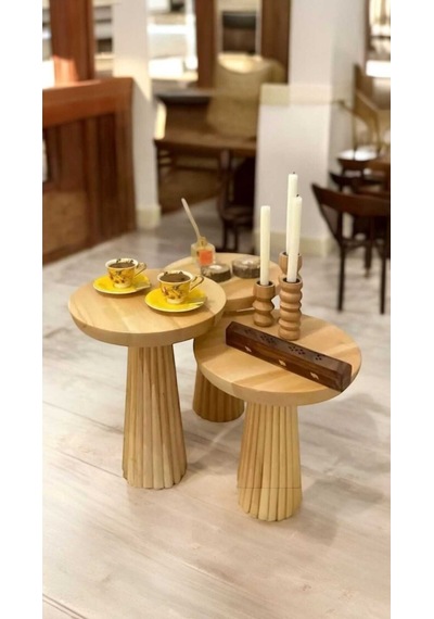 3'lü Doğal Ahşap Naturel Renk Mantar Sehpa Seti Bej