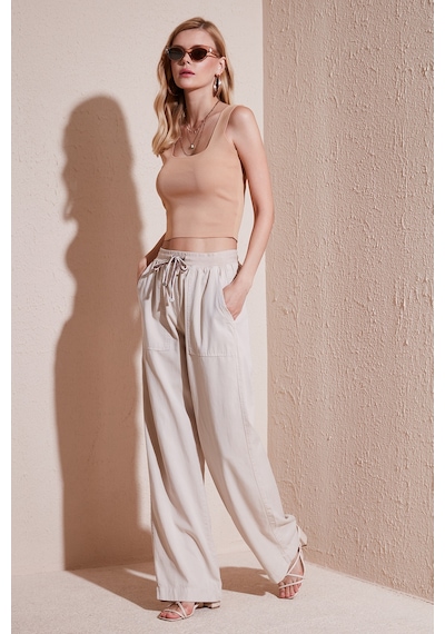 Lela Relaxed Fit Yüksek Bel Bol Paça Bayan Pantolon 668Yp5040 Taş