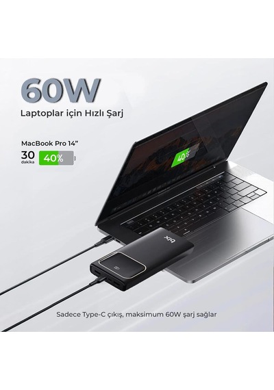 Pb303 30000mah 60w 2 Usb-a Ve Type-c Pd Çıkışlı Hızlı Şarj Destekli Led Göstergeli Powerbank Siyah