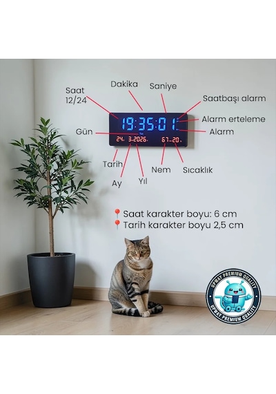 Upway 15 36 Cm Büyük Hd Led Dijital Duvar Saati Alarm Tarih Sıcaklık Nem Siyah