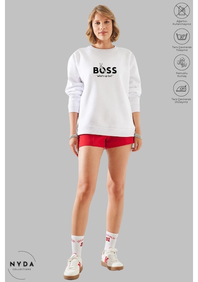 Unisex Bugs Bunny Baskılı Bisiklet Yaka Kapüşonsuz Şardonlu Oversize %100 Pamuk Penye Sweatshirt Beyaz