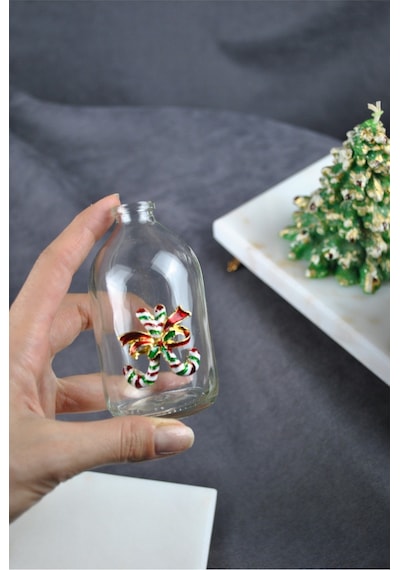 2'li Mini Yılbaşı Aksesuarlı Küçük Vazo 9 Cm New Year 100 Ml Yeni Yıl Çam Ağacı Şeker Kamışlı Obje Şeffaf