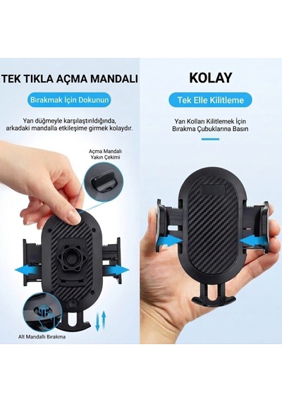 360 Dönebilen Araç Telefon Tutucu - Çift Montajlı Ön Cam + Torpido Tüm Telefonlara Uyumlu Siyah