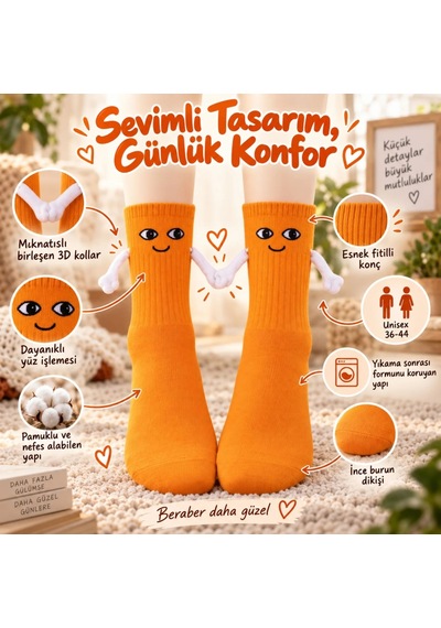 Womanandkids Wak Mıknatıslı El Ele 2'li Unisex Tutuşan Sevimli Çorap 36-44 Çift Hediyesi, Pamuklu Renkli Crew M Turuncu
