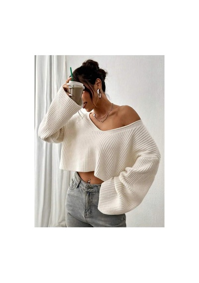 Nimas Kadın Oversize V Yaka Triko Crop Kazak Krem - 660238521 Krem