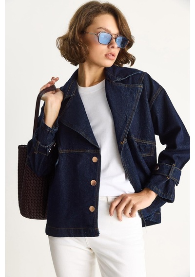 Shade Kadın Geniş Yaka Uzun Kollu Ayarlanabilir Manşetli Denim Ceket 6089 60283543 - Lacivert