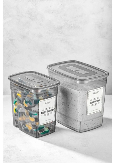 Etiketli 2li Strip Mega Boy Toz Ve Tablet Deterjan Saklama Kutusu 1x 3,5 Litre + 5,5 Litre Gri