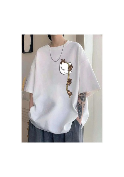 Tarzsokak Cep Ayıcık Baskılı Oversize Unisex Pamuk Beyaz
