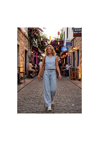 Zdnjeans Kadın Buz Mavi Denim İkili Takım Kolsuz Crop Bluz & Bol Paça Pantolon