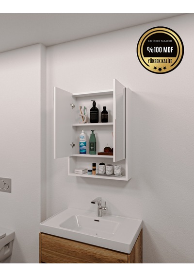 Lotus Mdf 2 Kapaklı Aynalı Banyo Dolabı Lavabo Üstü Dolap Çok Amaçlı Banyo Dolabı Beyaz