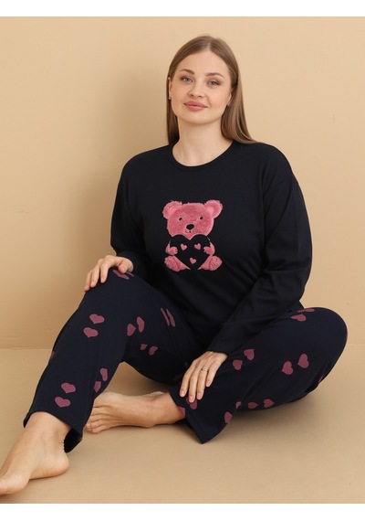 Wordex Fawn 1113 İnterlok Büyük Beden Ayıcıklı Kışlık Ev Kadın Pijama Takımı Lacivert