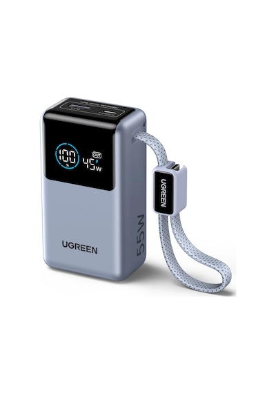 Ugreen Nexode Pro 10.000 Mah 55w Akıllı Dijital Ekranlı Dahili Usb-c Kablolu Hızlı Şarj Powerbank, 75701b Gri