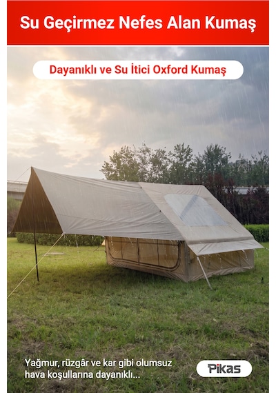 Rovos 6 Kişilik Şişme Kamp Çadırı, 4 Mevsim Su Geçirmez Oxford Kumaş, Tenteli Ve Sineklikli Pencere, Kolay Kurulum Lüks Aile Çadırı 300x210x200 Cm, 6.3 M² Bej