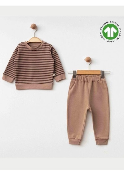 Zekids Erkek Bebek Çizgili Organik Eşofman Takım-15482 Kahverengi