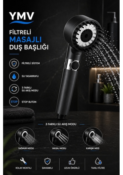 Ymv Premium 3 Lü Spa Duş Seti Masajlı Filtreli Duş Başlığı + 150 Cm Siyah Pvc Hortum + Siyah Askı + 3 Yedek Filtre