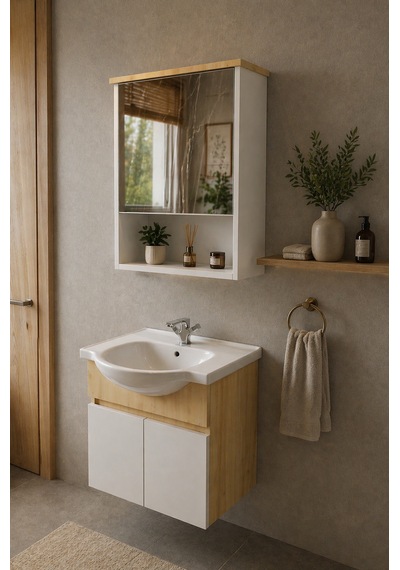 Darende 55cm Seramik Lavabolu Mdf Aynalı Banyo Dolabı Ahşap - Beyaz
