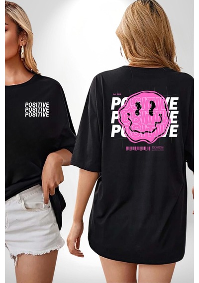 Positive Enerji Emoji Gülen Surat Siyah Oversize Unisex Ön Ve Sırt Baskılı Tişört Siyah