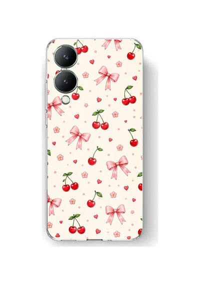 Vivo Y17s Uyumlu Pembe Fiyonklu Ve Kiraz Desenli Krem Baskılı Silikon Kılıf