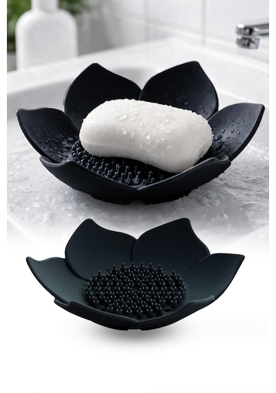 Lotus Desenli Sabun Ve Sünger Tutacağı Silikon Siyah Su Giderli Lotus Şekilli Şık Katı Sabunluk Diğer